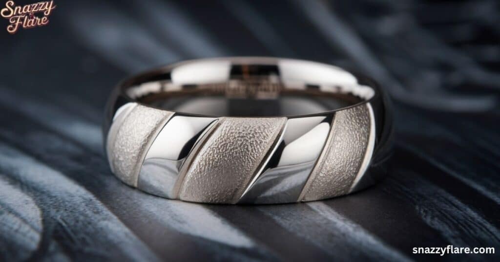 A close-up of a silver ring with smooth and textured diagonal stripes on a dark surface