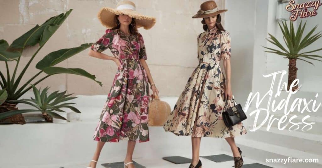 Two women in floral midaxi dresses and hats, standing by plants. snazzyflare.com