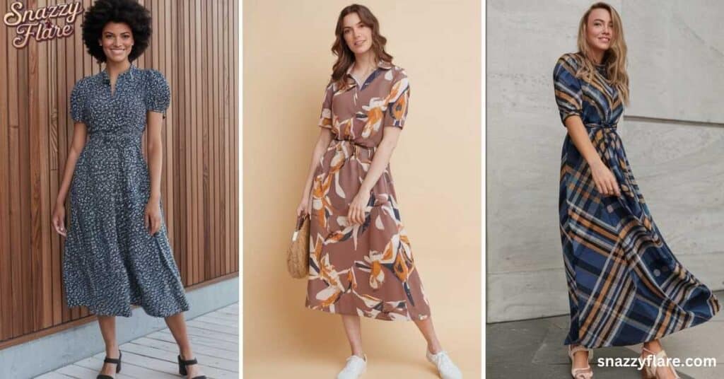 Three women modeling stylish dresses in floral, abstract, and plaid patterns