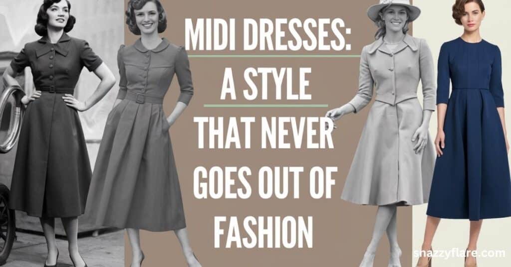 Vintage and modern women showcasing the classic midi dress style, highlighting its timeless appeal across eras