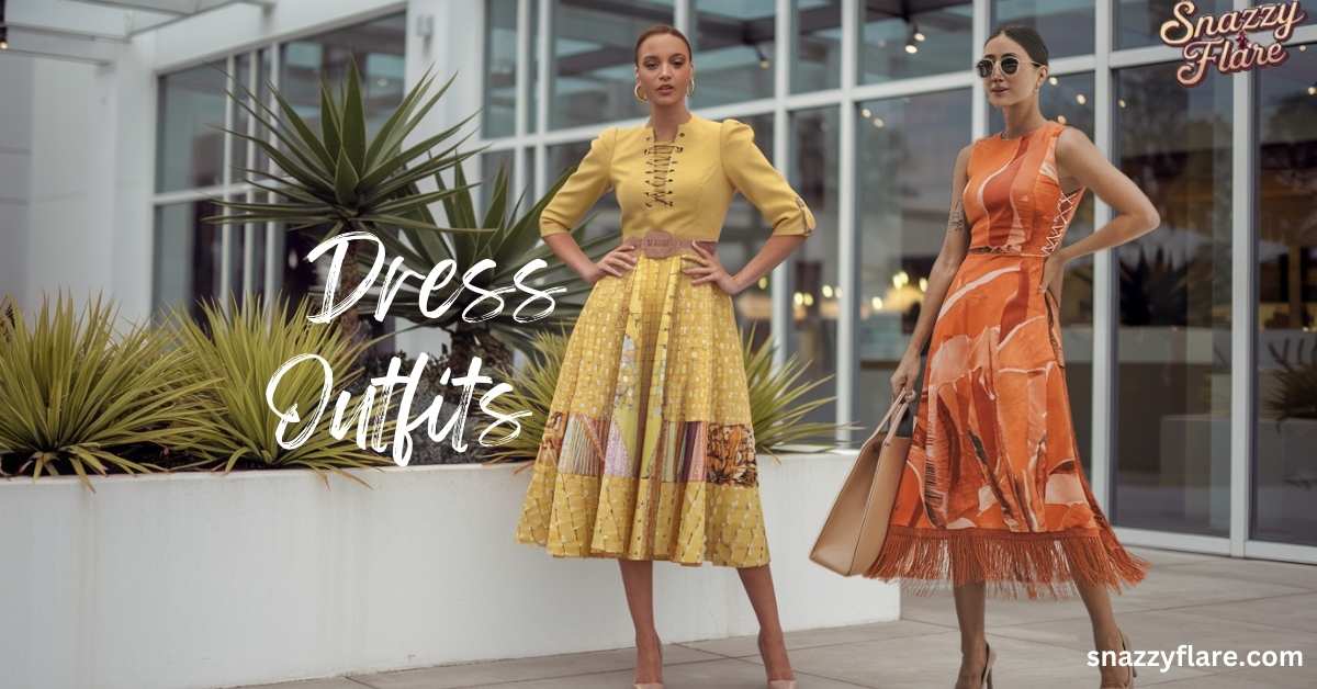 wo women in stylish yellow and orange dresses, standing by modern architecture.