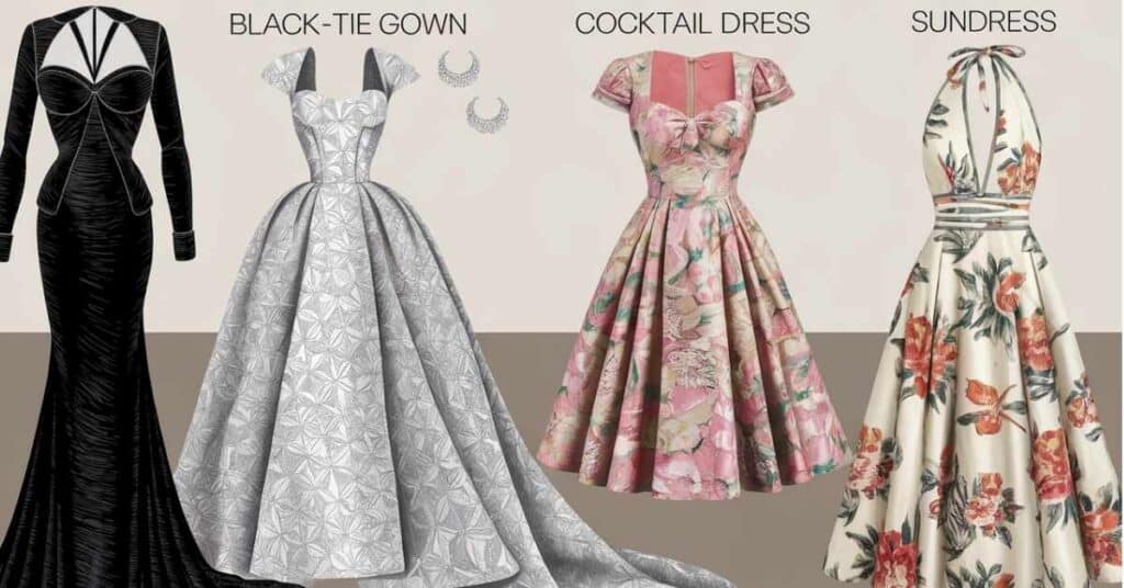 Four dresses: black-tie gown, silver gown, floral cocktail dress, and floral sundress