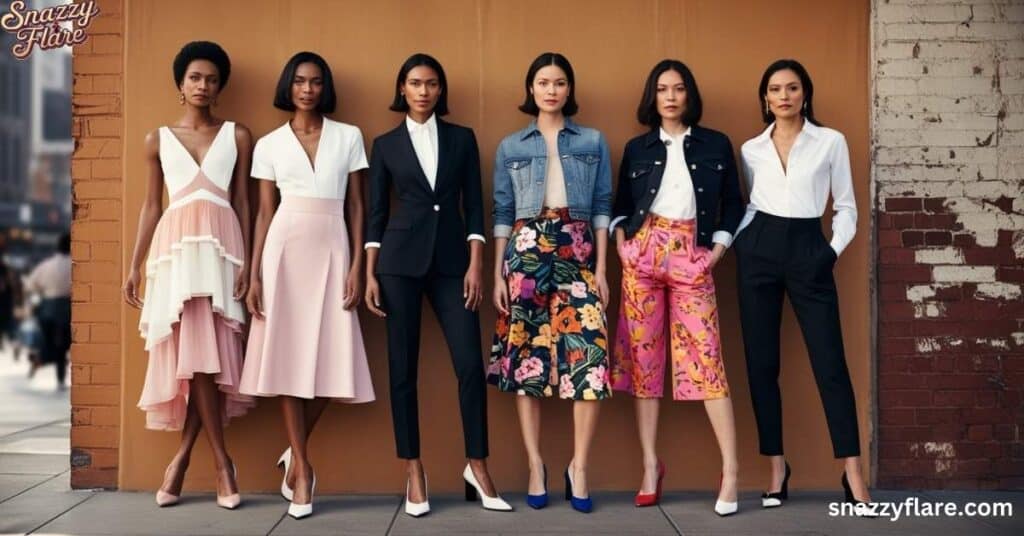 Seven models in chic attire posing against a city backdrop, showcasing diverse styles