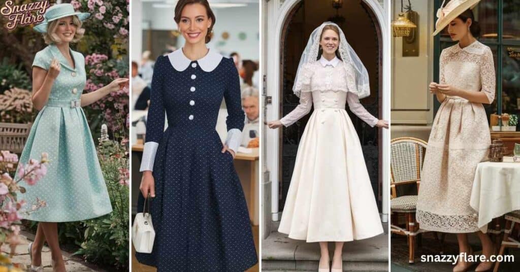 Four women model vintage inspired tea dresses in polka dots and lace, accessorized with hats in garden and indoor settings