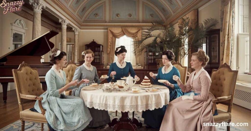 Five women in Victorian Tea dresses sit around a table enjoying tea and cake in an elegant room with ornate chairs, a grand piano, tall plants, and large windows