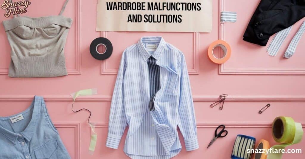 Various clothing items and repair tools displayed for quick fixes to common wardrobe malfunctions