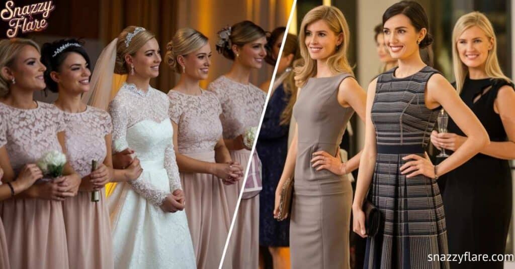 Comparison of bridesmaids in wedding dresses and women in formal dresses at an event