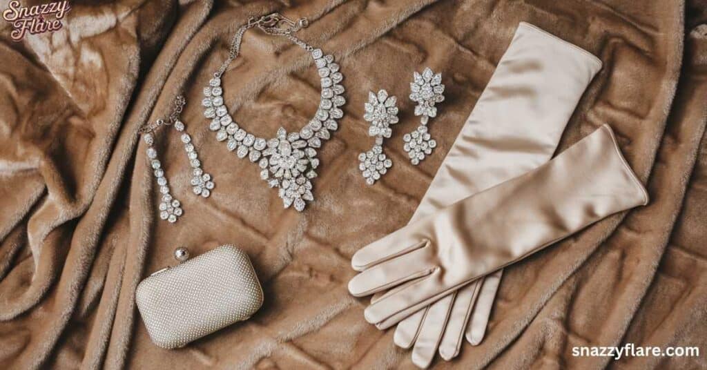 Flat lay of elegant white tie accessories including diamond jewelry, satin gloves, and a pearl-studded clutch