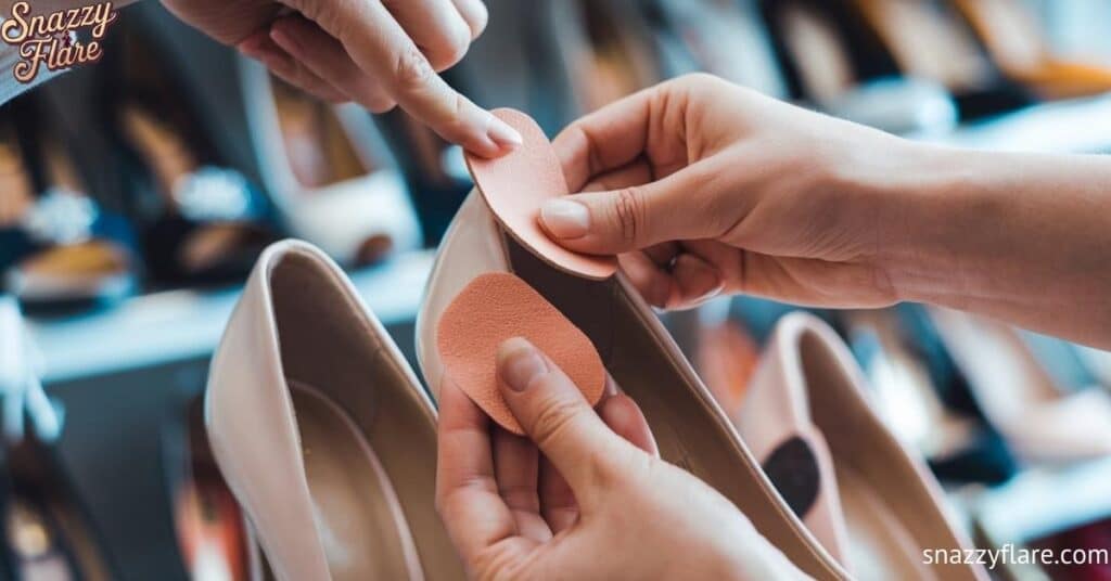 Hands applying cushioned pads inside high-heeled shoes with a shoe display in the background