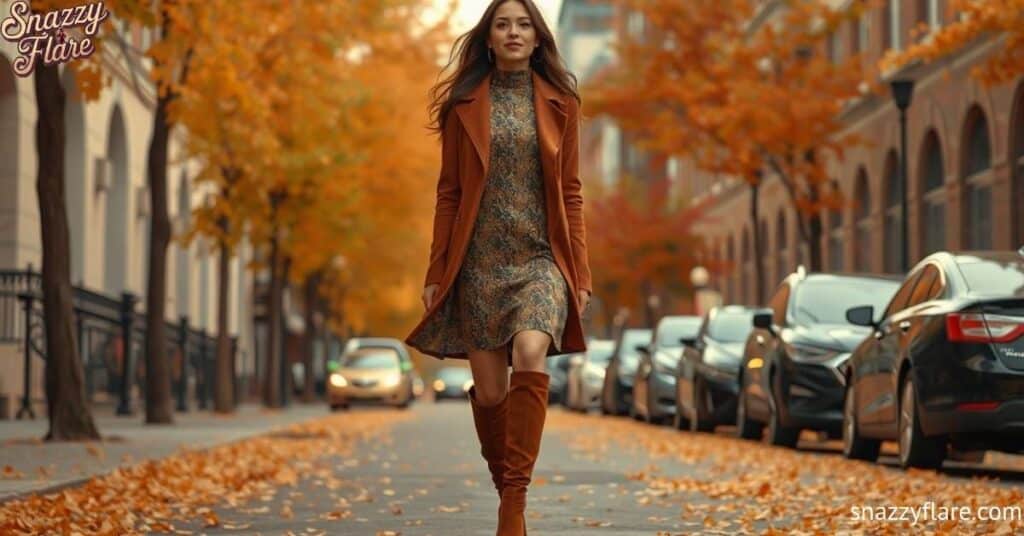 Woman walking down a tree-lined street in autumn, wearing a dress, coat, and knee-high boots