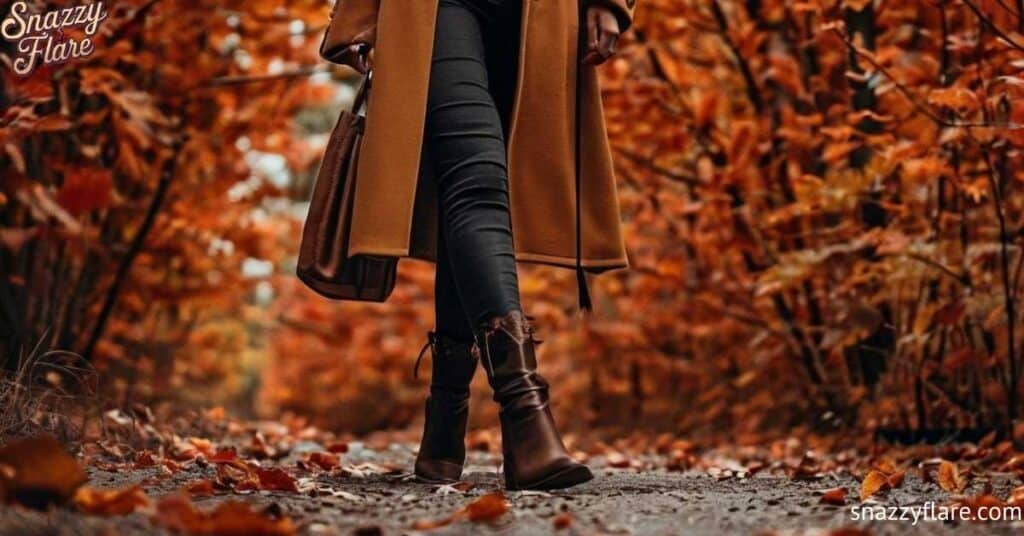 Person in brown coat and boots walking on a leaf-covered path in an autumn forest