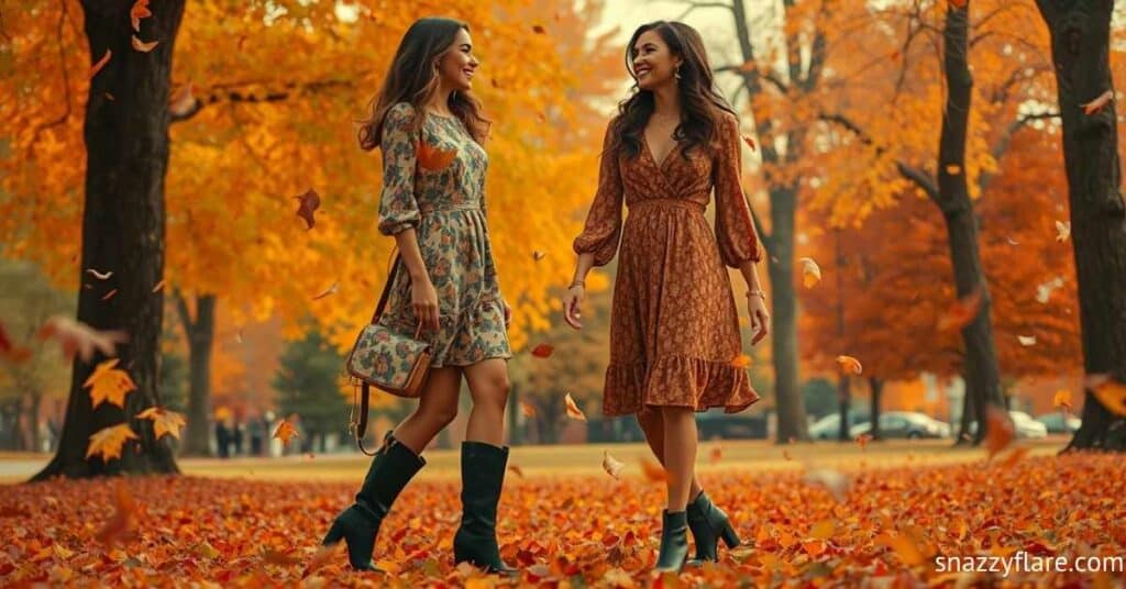 Two women walking in a park with autumn leaves and trees in the background