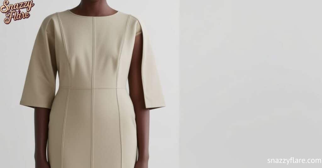 Beige dress with unique sleeve design and vertical seams, modeled against a plain background