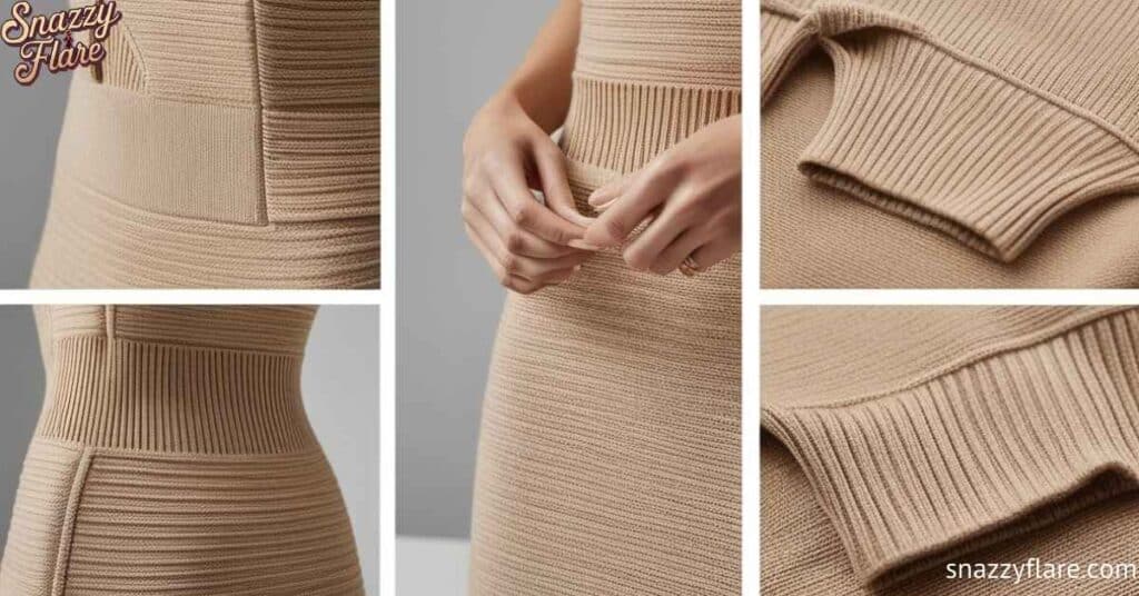 Close-up views of a beige ribbed knit dress showing texture and design details