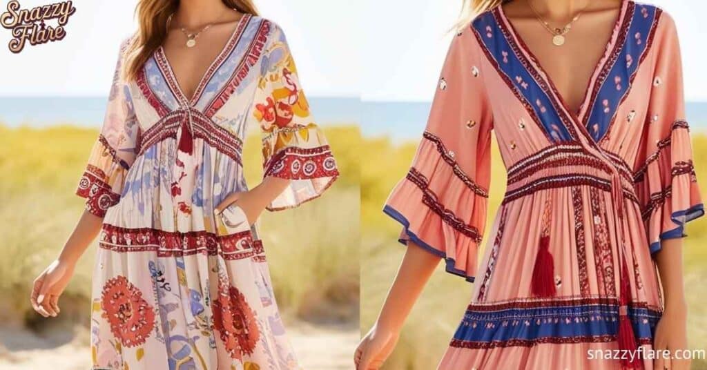 Two women wearing colorful bohemian-style summer dresses with floral and geometric patterns