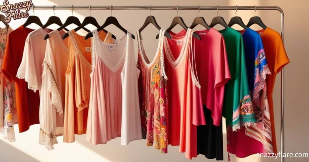 A rack of colorful summer tops in various styles and shades, displayed on black hangers