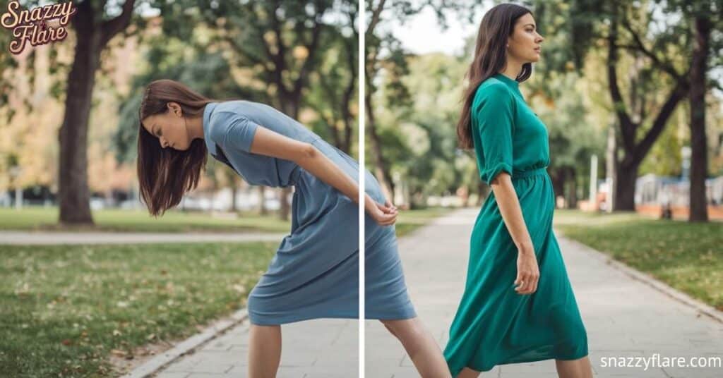 One woman confidently walking in heels, while another leans forward, seemingly uncertain