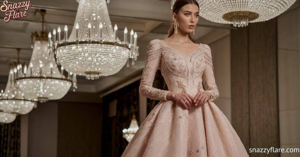 Woman in a sparkling pink gown with chandeliers in the background