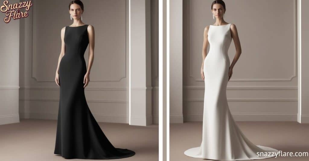 Two women in black and white evening gowns by Snazzy Flare, standing in a minimalist room