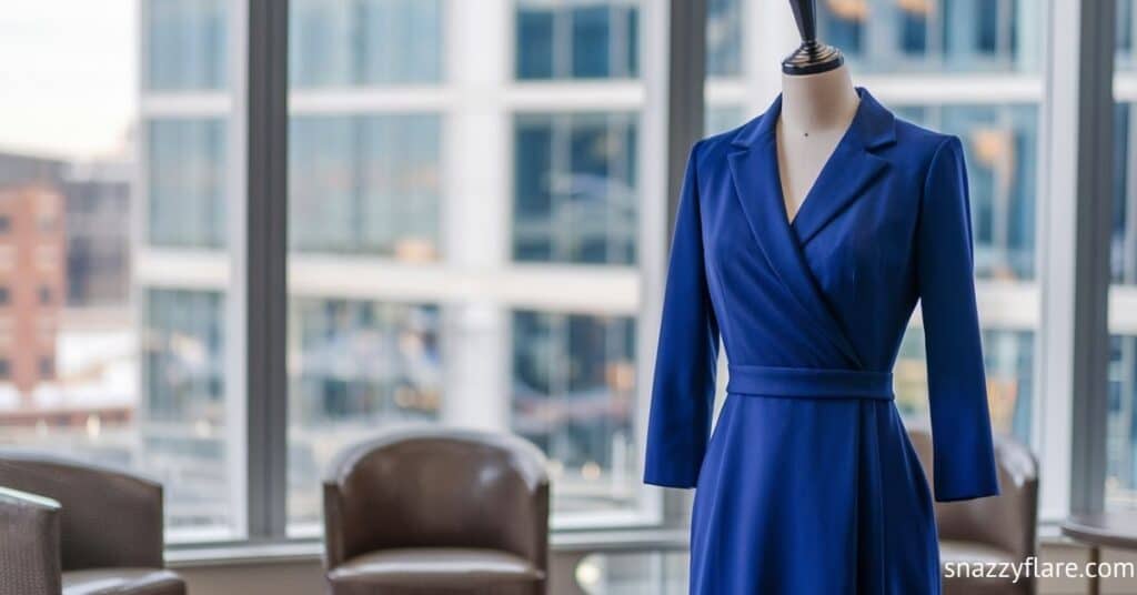 Mannequin displaying a blue dress with a cityscape background