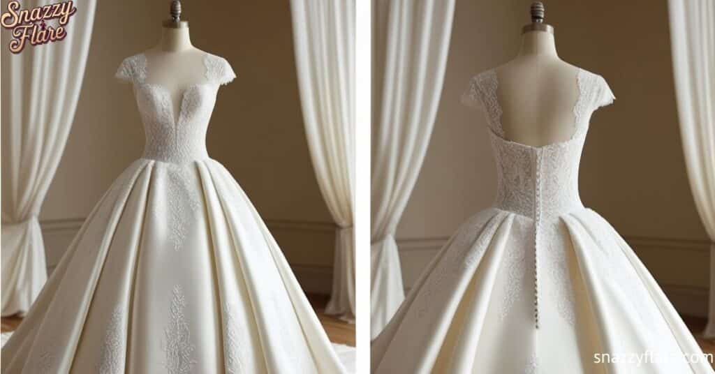 Front and back view of an elegant white bridal gown with lace details on a mannequin