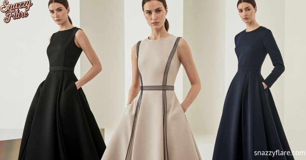 Three women modeling black, beige, and navy dresses with pockets from Snazzy Flare