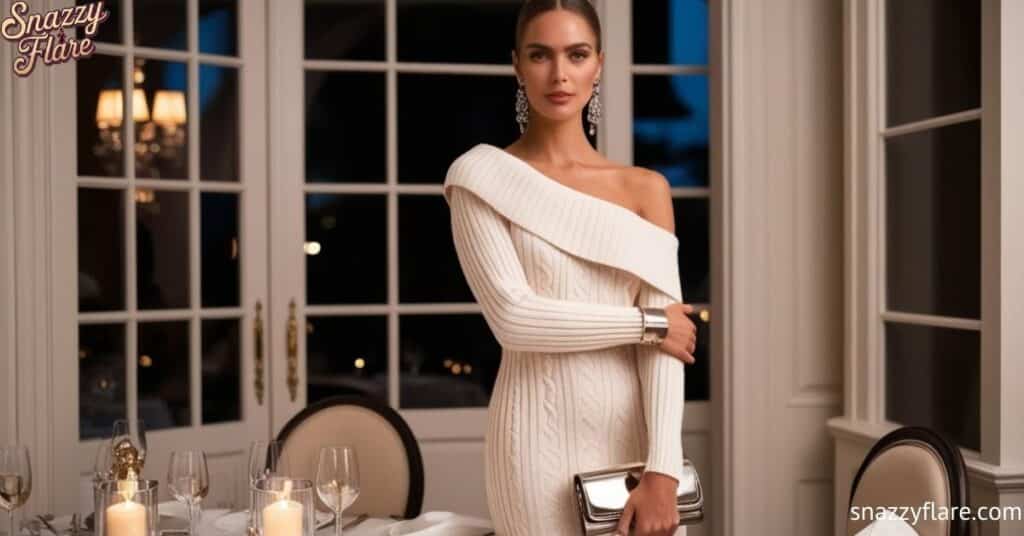 Woman in a white off-shoulder dress holding a clutch in a sophisticated dining setting