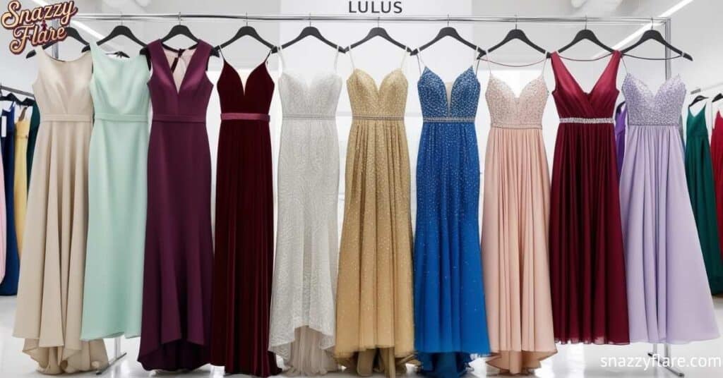 A row of elegant evening gowns in various colors and styles on display