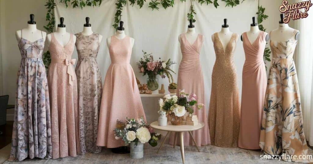 Mannequins displaying various elegant evening gowns in a floral and pastel-themed setting