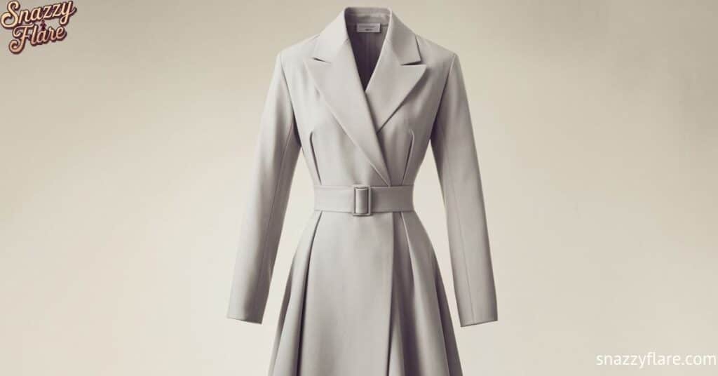 Stylish grey trench coat with a belt and wide lapels on a neutral background