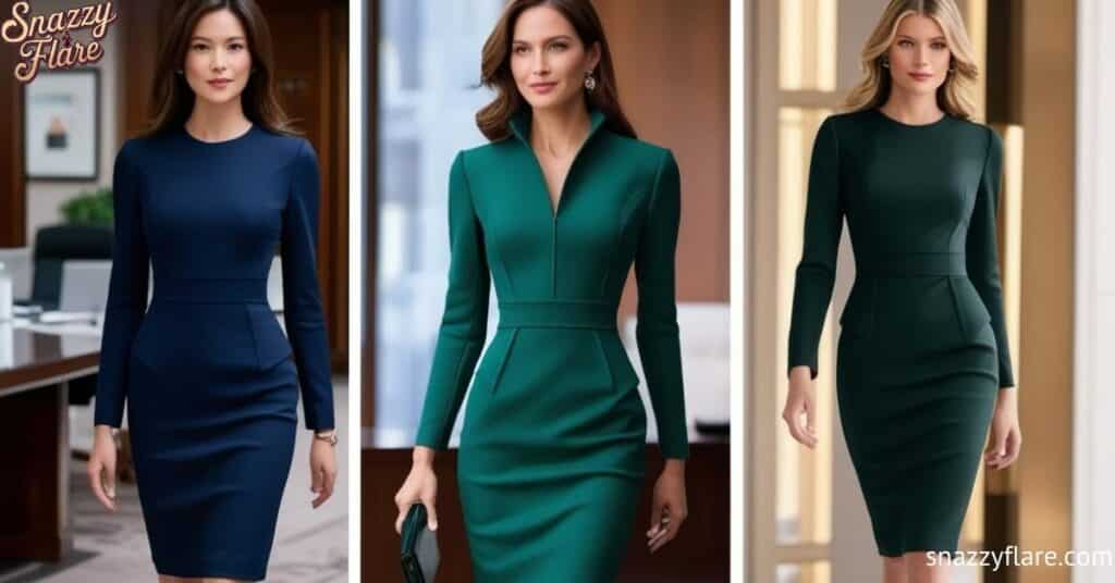 Three women wearing stylish, fitted office dresses in navy blue and green