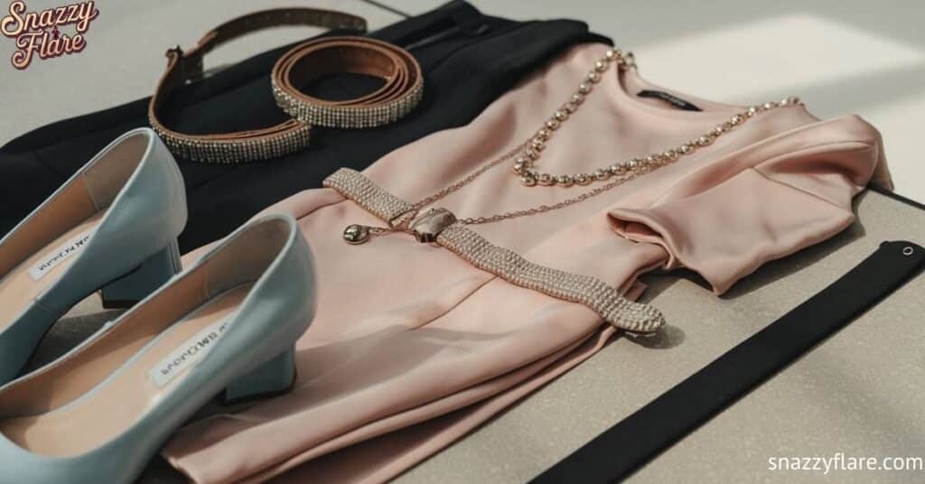 Flat lay of a pink dress, blue heels, belts, and jewelry on a beige surface