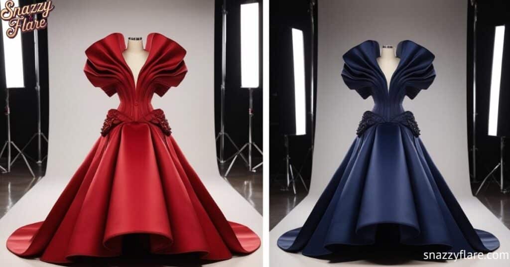 Two elegant gowns, one red and one blue, displayed on mannequins in a studio setting