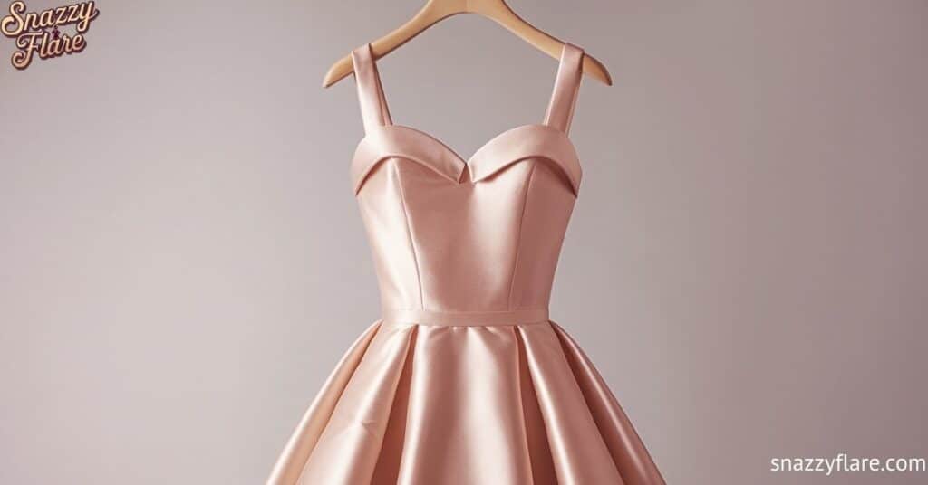 Blush pink satin dress with fitted bodice and flared skirt on a wooden hanger