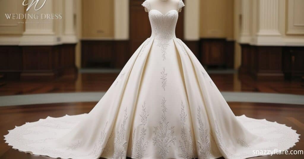 A stunning white wedding dress with intricate embroidery and a long train displayed in a grand hall