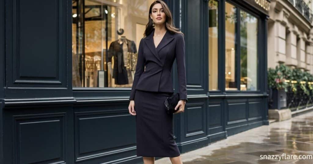 Woman in a black suit holding a clutch, standing outside a stylish boutique on a rainy day