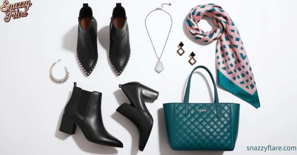 Flat lay of black boots, teal handbag, scarf, jewelry, and accessories on a white background