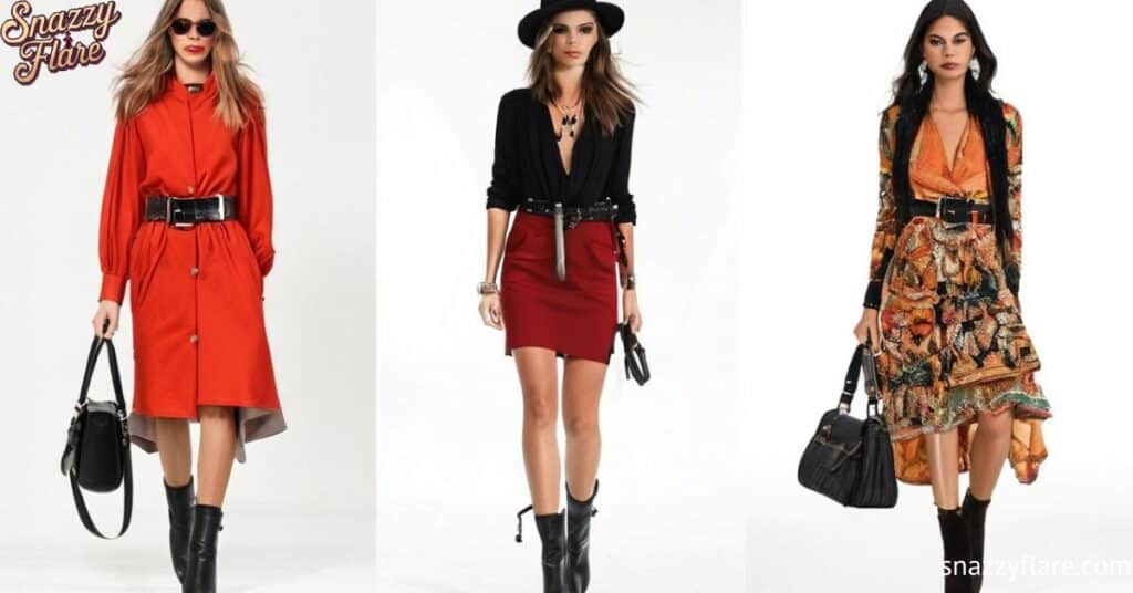 Three women modeling stylish outfits with belts and boots, each holding a handbag