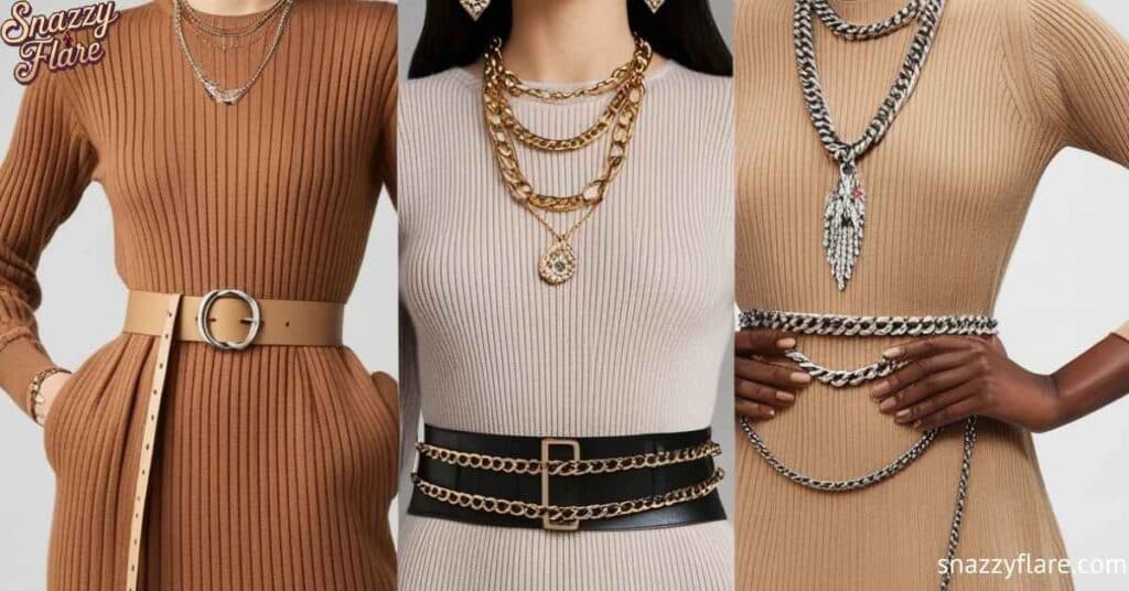 Three women wearing ribbed dresses with different belts and layered necklaces