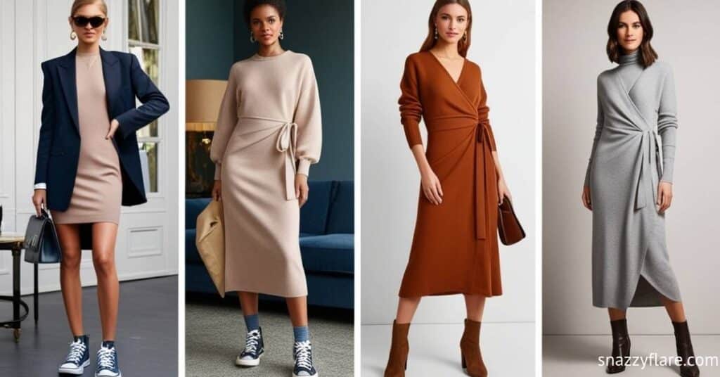 Four women wearing stylish knit dresses in different colors and styles.