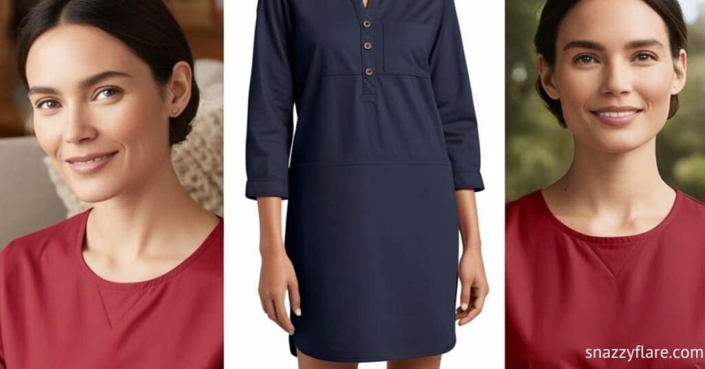 Three images showing different stylish outfits, including a red top and a navy dress