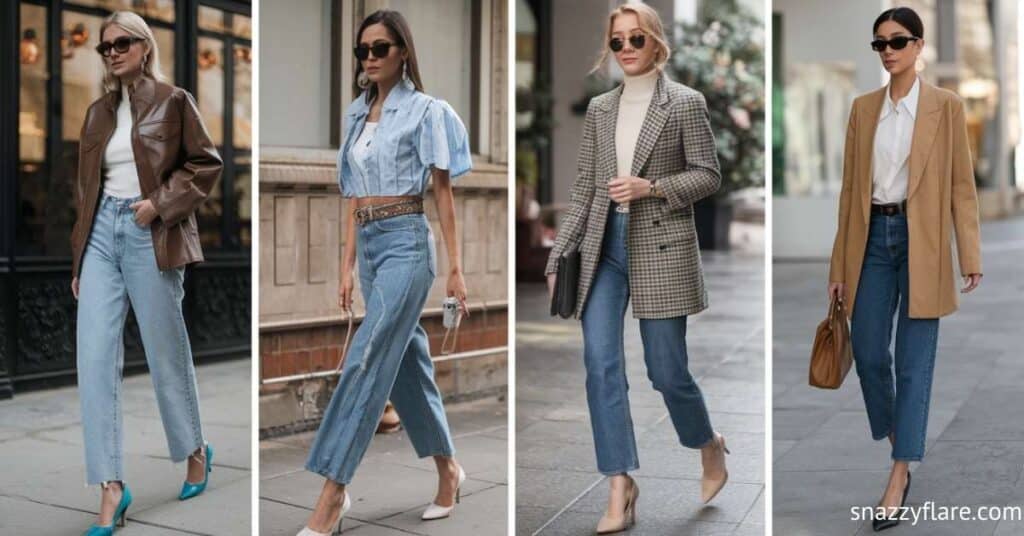 Four women wearing stylish outfits with jeans, showcasing different fashion styles