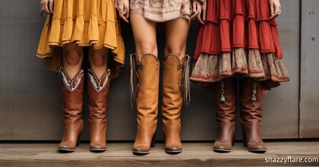 Three women in colorful dresses wearing stylish cowboy boots, standing side by side