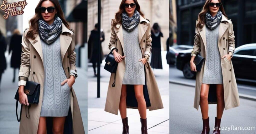 Woman in beige trench coat, gray knit dress, scarf, and boots, holding a black clutch on city street