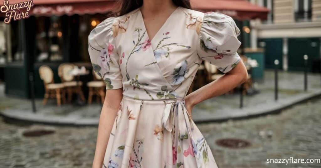 Woman in floral dress with puff sleeves standing in front of an outdoor café