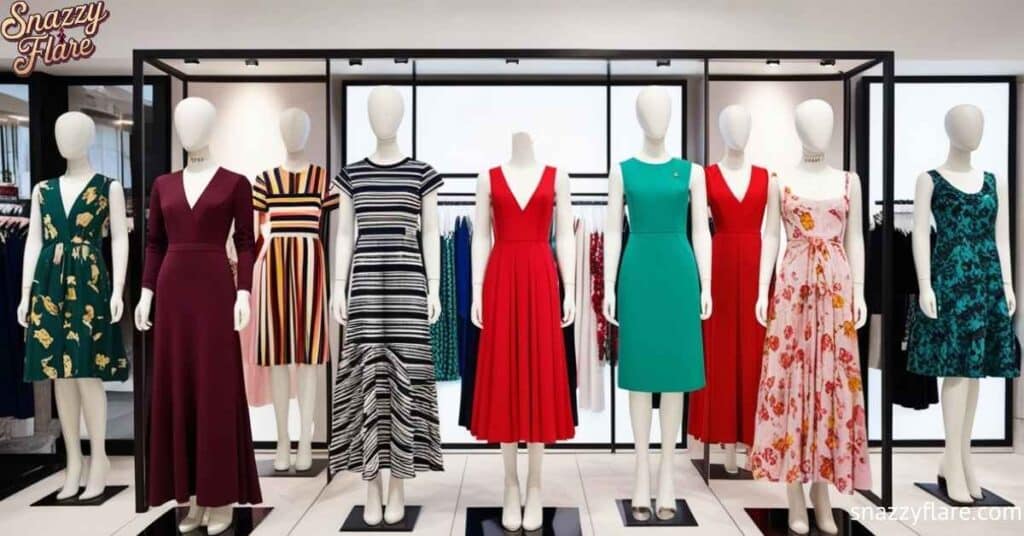 Mannequins displaying various colorful dresses