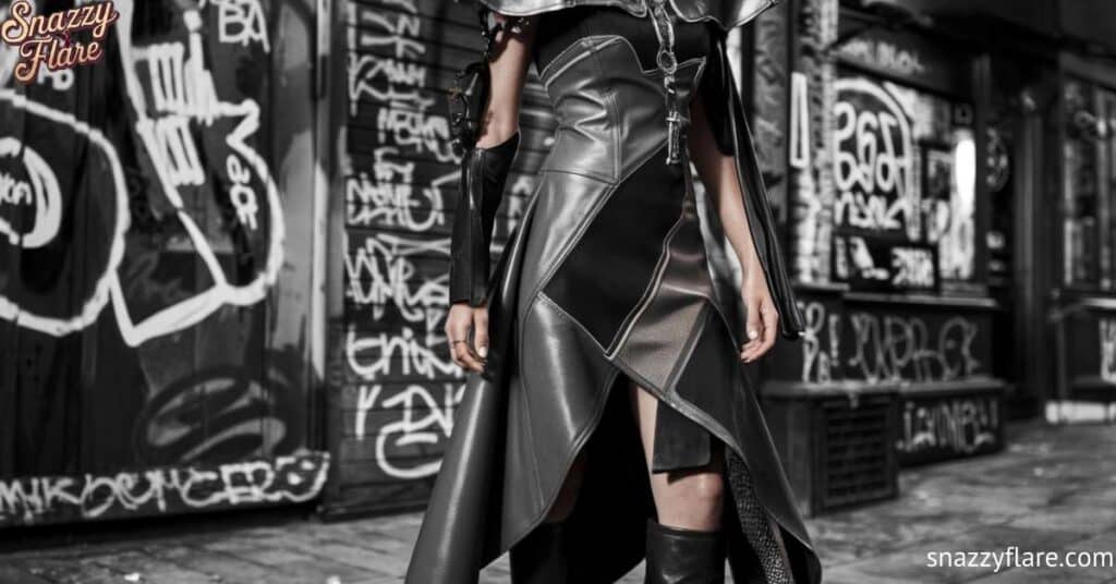 Person in futuristic leather outfit stands in graffiti-covered alley