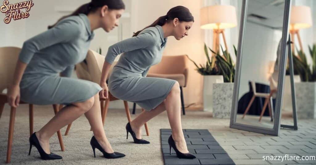 Two women in dresses and high heels, both are practicing with support