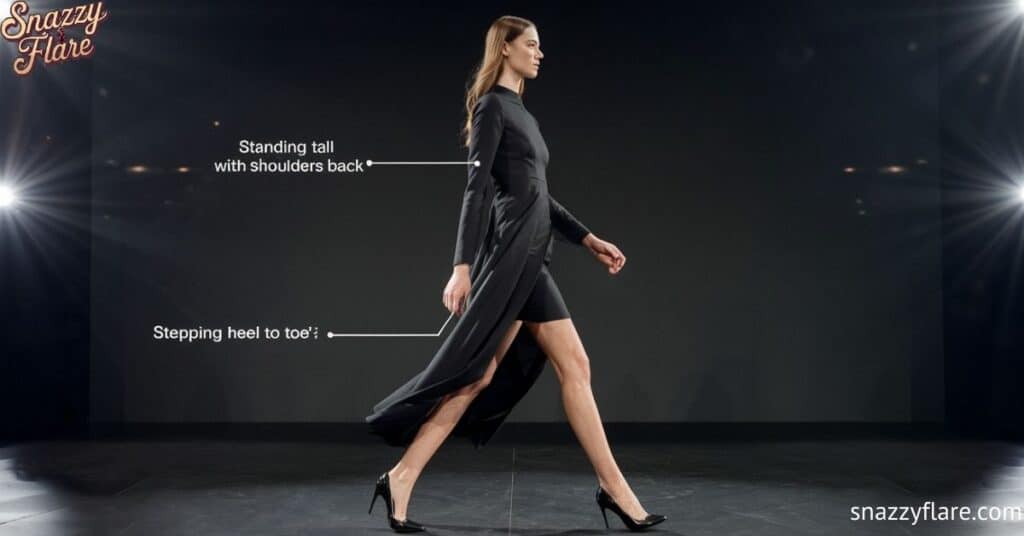 Model walking on runway with tips: standing tall with shoulders back, stepping heel to toe