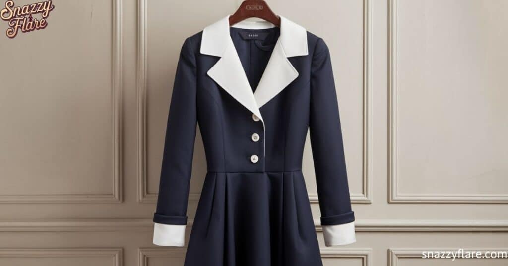 Navy blue dress with white collar and cuffs on a wooden hanger against a beige wall